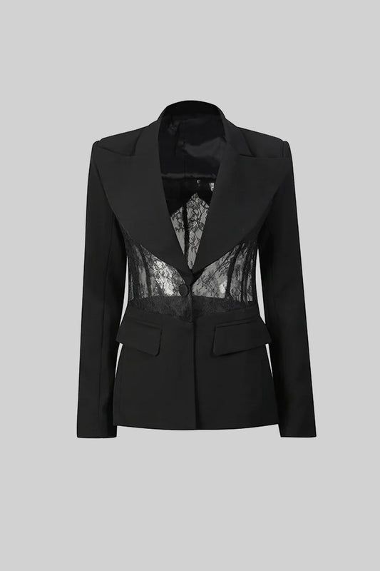 Transparan Dantel Bel Paneller Detaylı Blazer Ceket