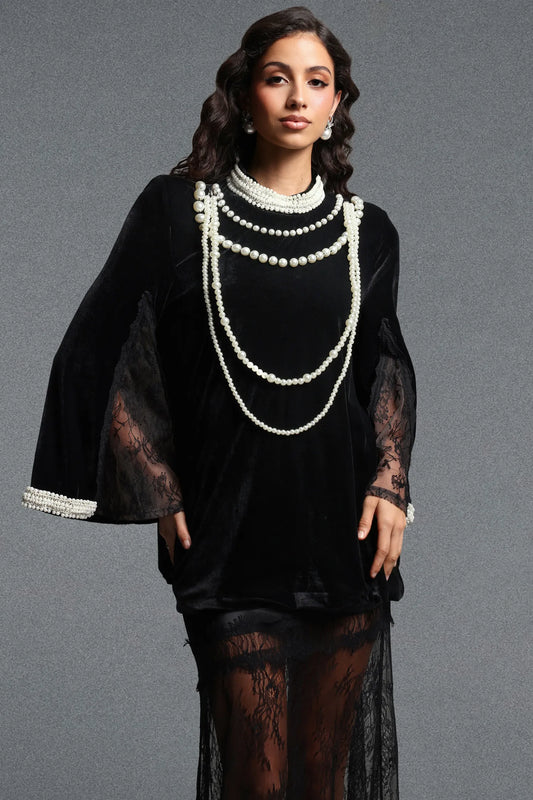 Lilya Vintage İnci Zincir Dantel Detaylı Bluz Premium Elbise