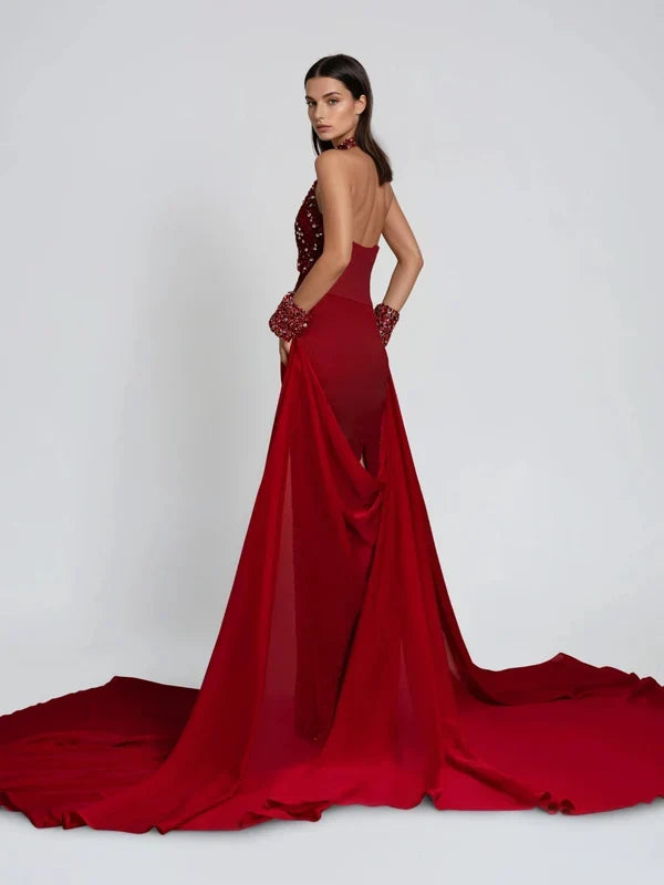 Jannea Halter Yaka Kesimli Elmas Detaylı Premium Maxi Elbise