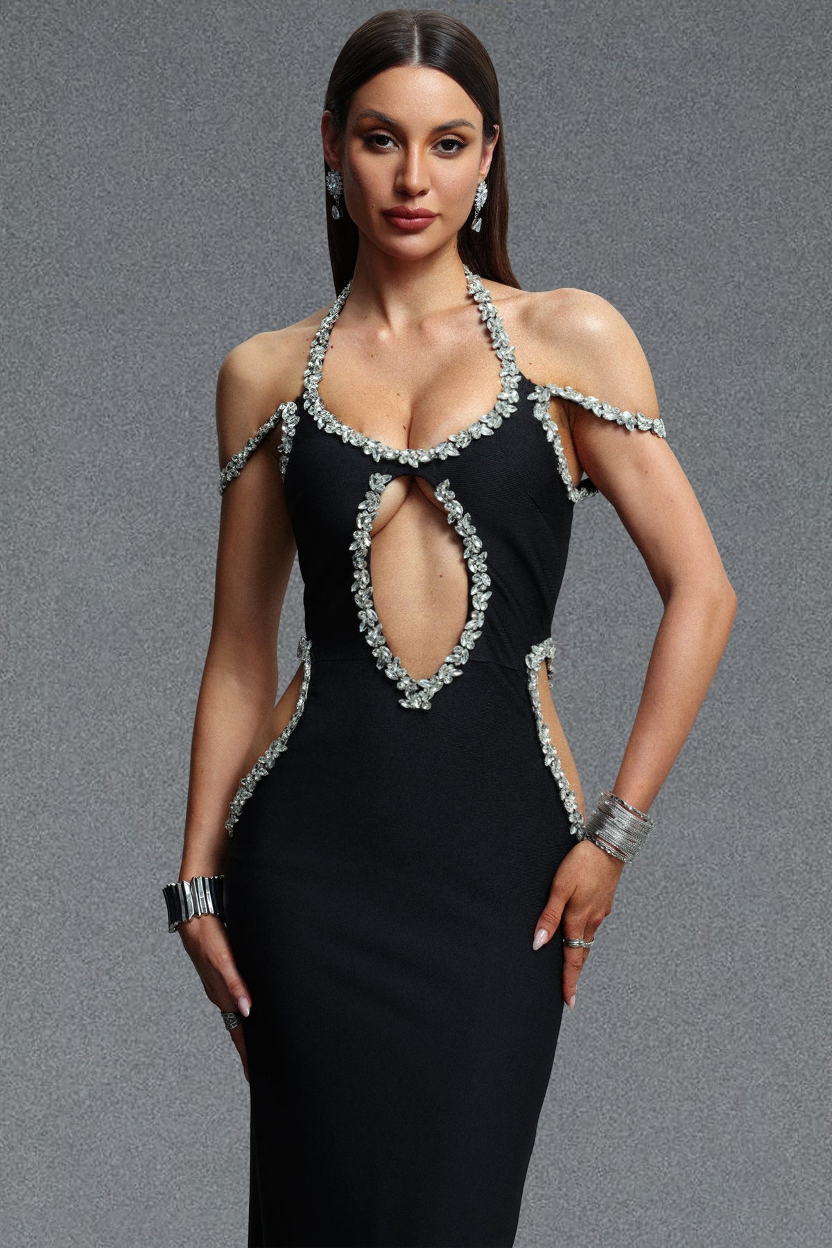 Viki Glamorous Taşlı İşlemeli Özel Kesim Bandaj Premium Maxi Elbise