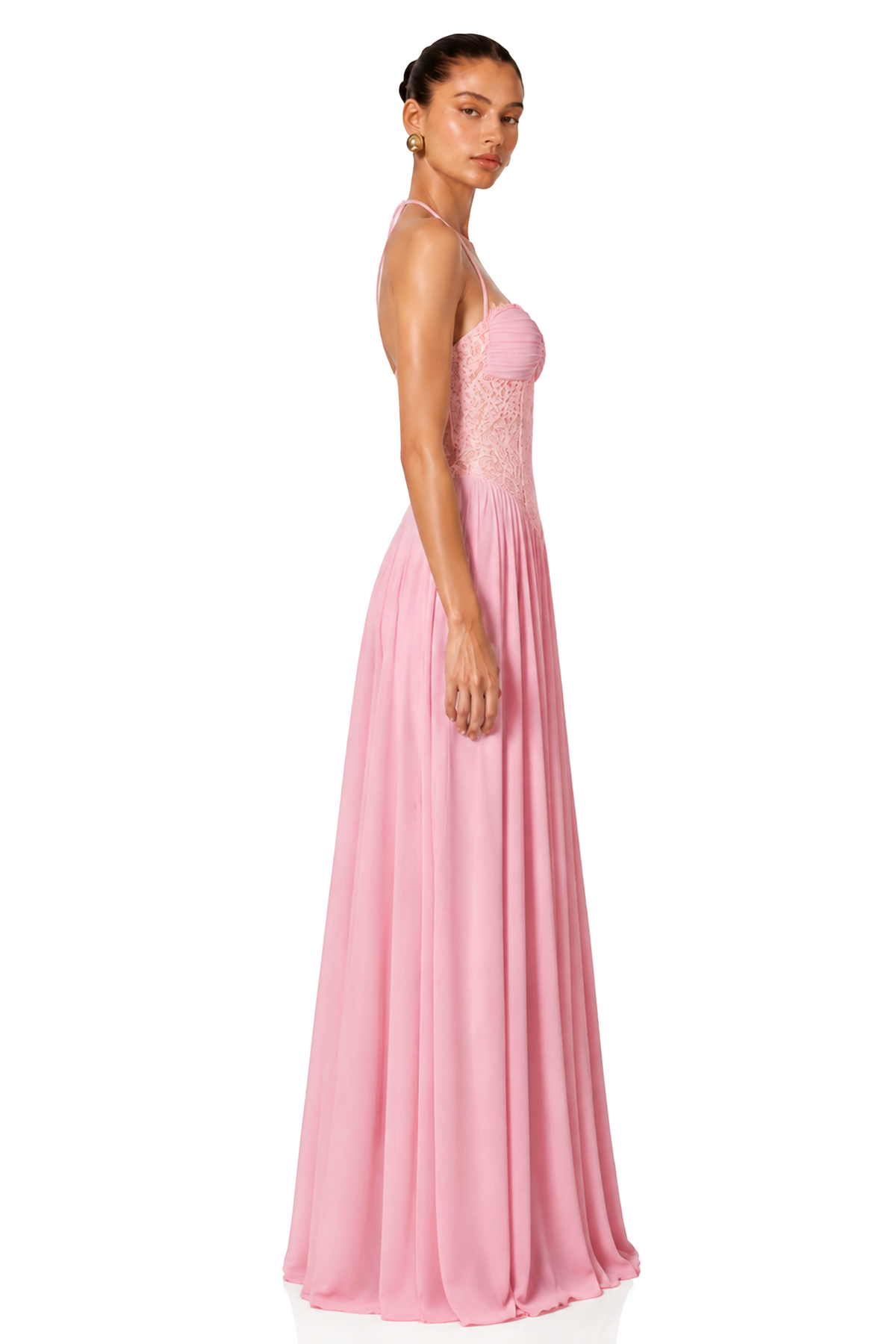 Joelle Pembe Askılı Dantel Korseli Premium  Maxi Elbise