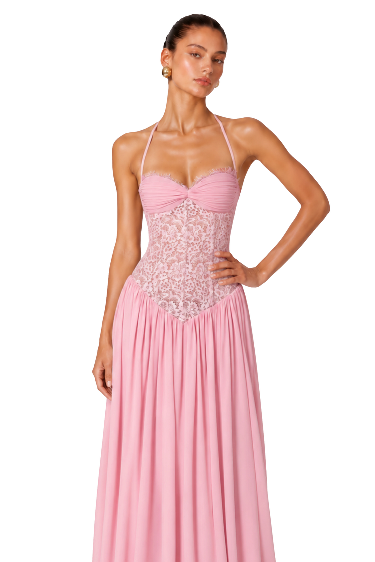 Joelle Pembe Askılı Dantel Korseli Premium  Maxi Elbise