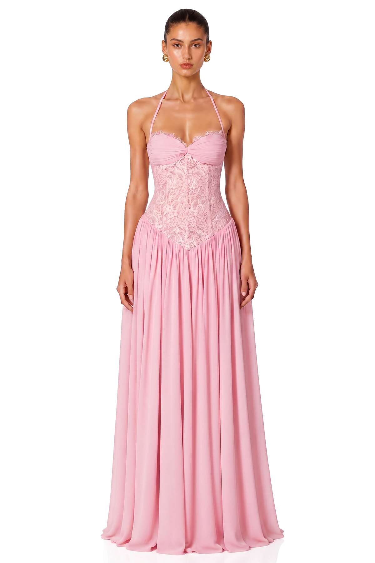 Joelle Pembe Askılı Dantel Korseli Premium  Maxi Elbise