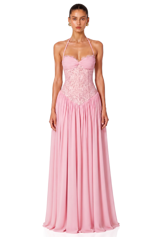 Joelle Pembe Askılı Dantel Korseli Premium  Maxi Elbise