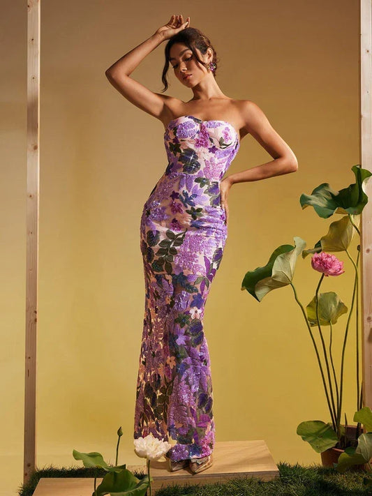 Naena İşlemeli Mor Maxi Premium Elbise