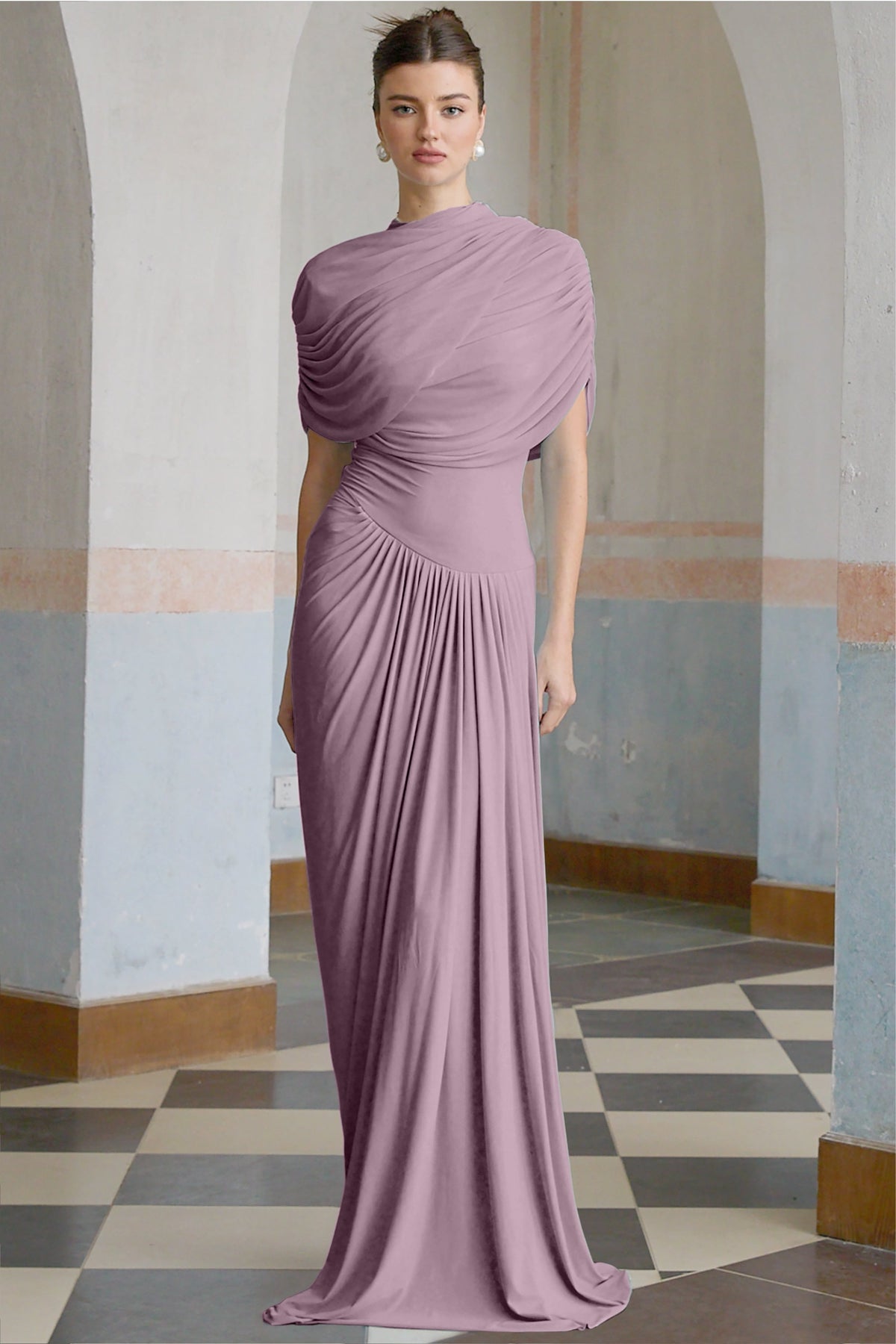 Catherina Asimetrik Pileli Maxi Elbise