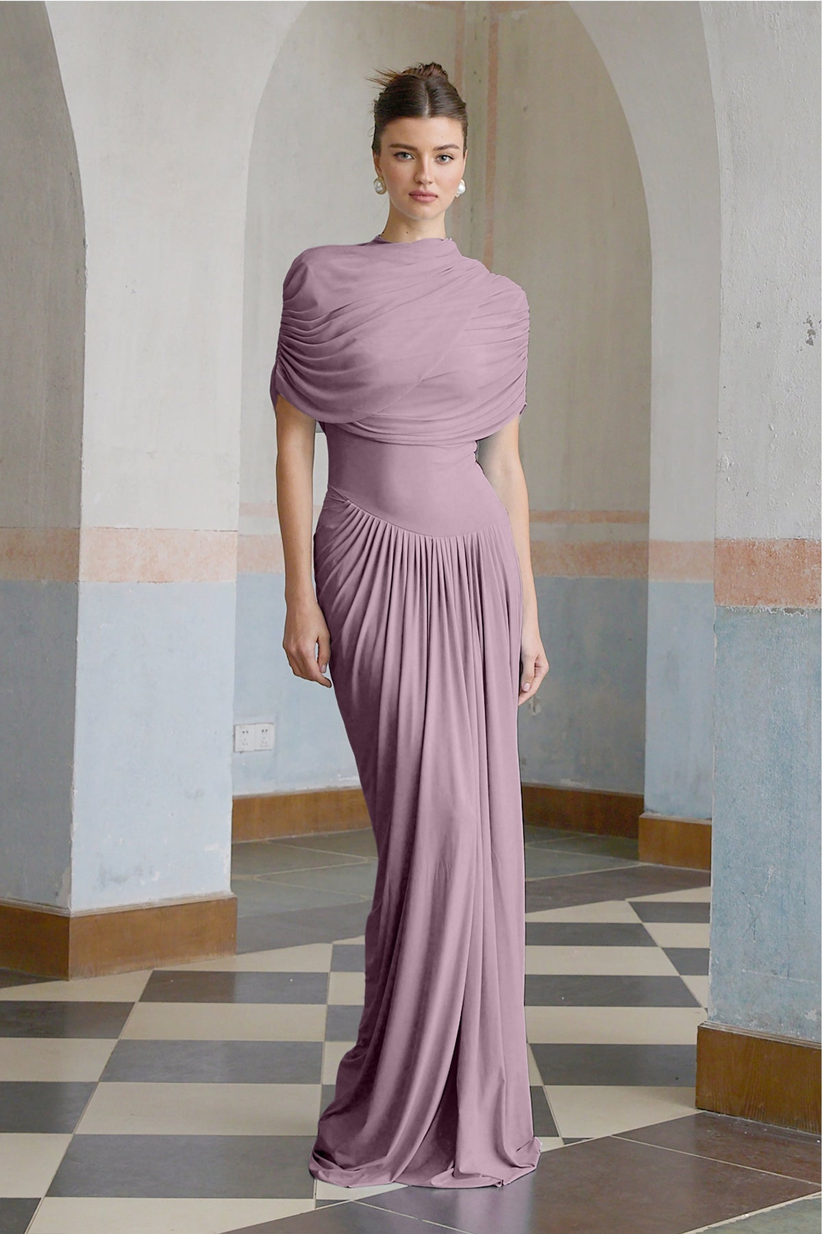 Catherina Asimetrik Pileli Maxi Elbise