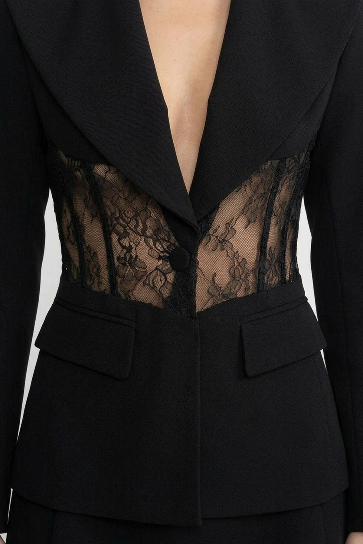 Transparan Dantel Bel Paneller Detaylı Blazer Ceket