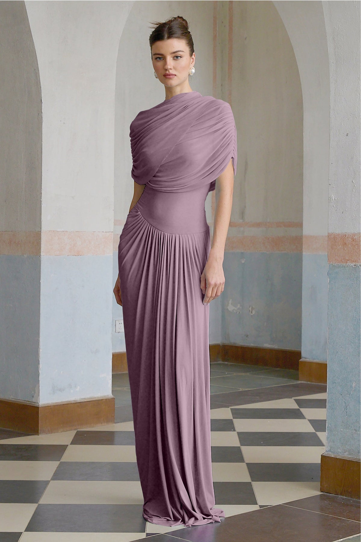 Catherina Asimetrik Pileli Maxi Elbise