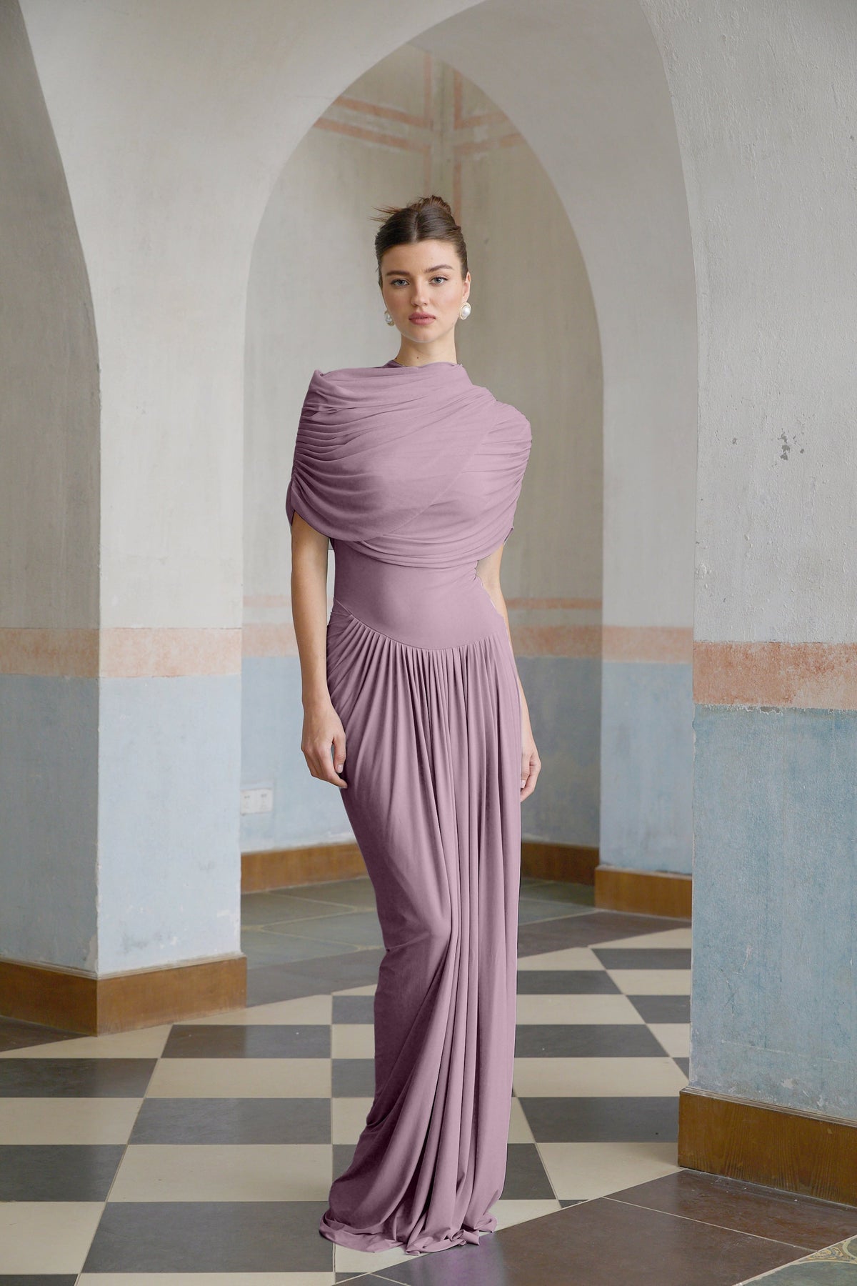 Catherina Asimetrik Pileli Maxi Elbise