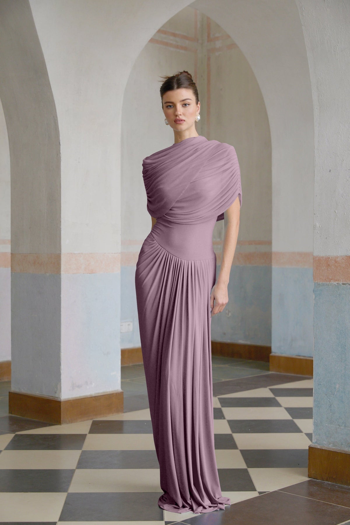 Catherina Asimetrik Pileli Maxi Elbise