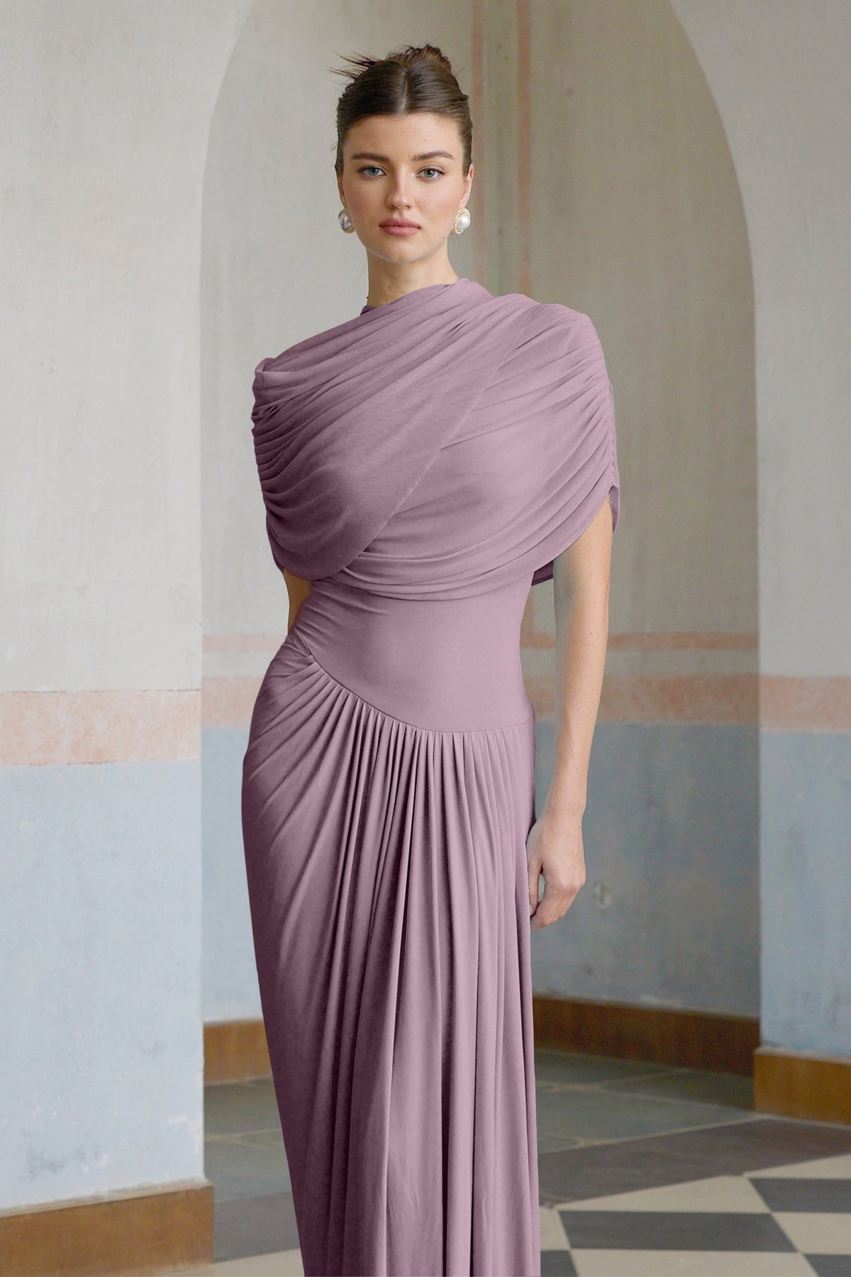 Catherina Asimetrik Pileli Maxi Elbise