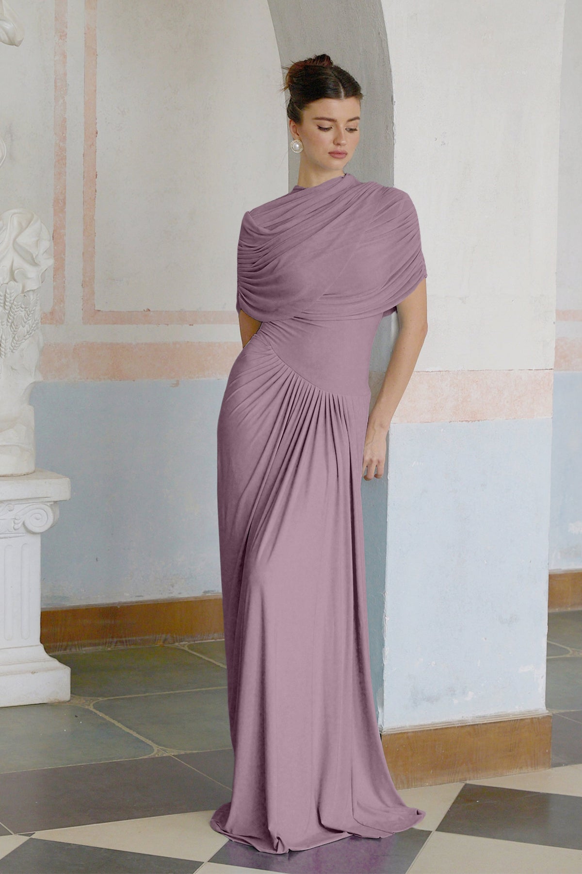Catherina Asimetrik Pileli Maxi Elbise