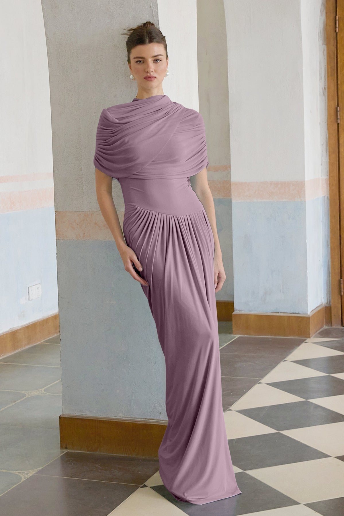 Catherina Asimetrik Pileli Maxi Elbise