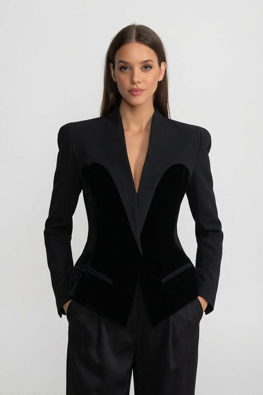 Kadife Korse-stil Paneller Detaylı Uzun Kollu Blazer Ceket