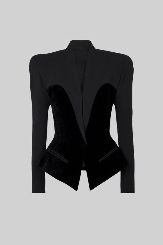 Kadife Korse-stil Paneller Detaylı Uzun Kollu Blazer Ceket