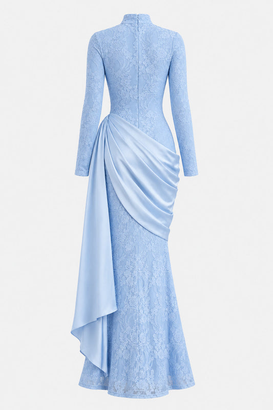 Fiene Dantelli Pileli Dik Yakalı Maksi Elbise — arkadan görünüm