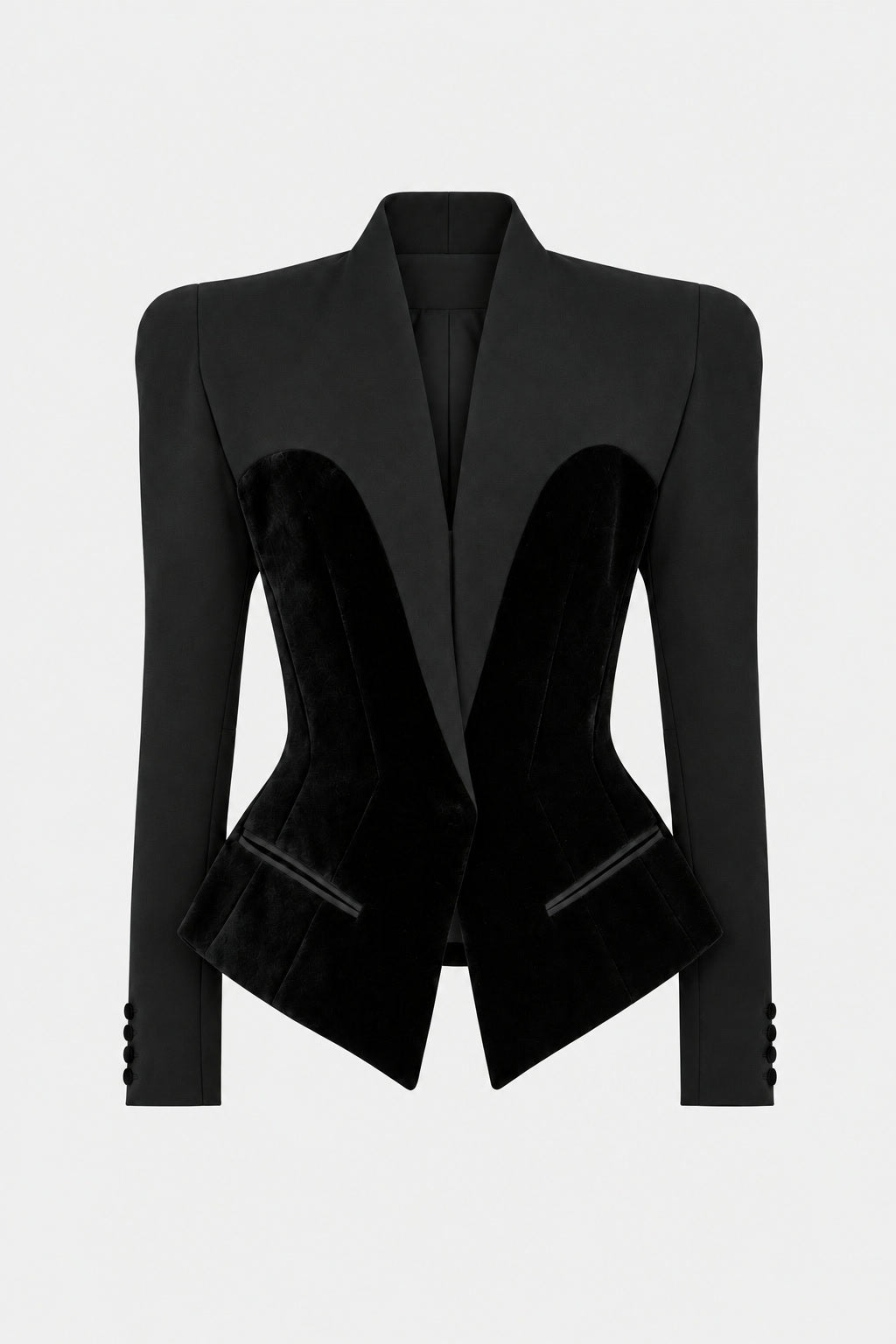 Kadife Korse Stili Paneller Detaylı Uzun Kollu Blazer — önden görünüm