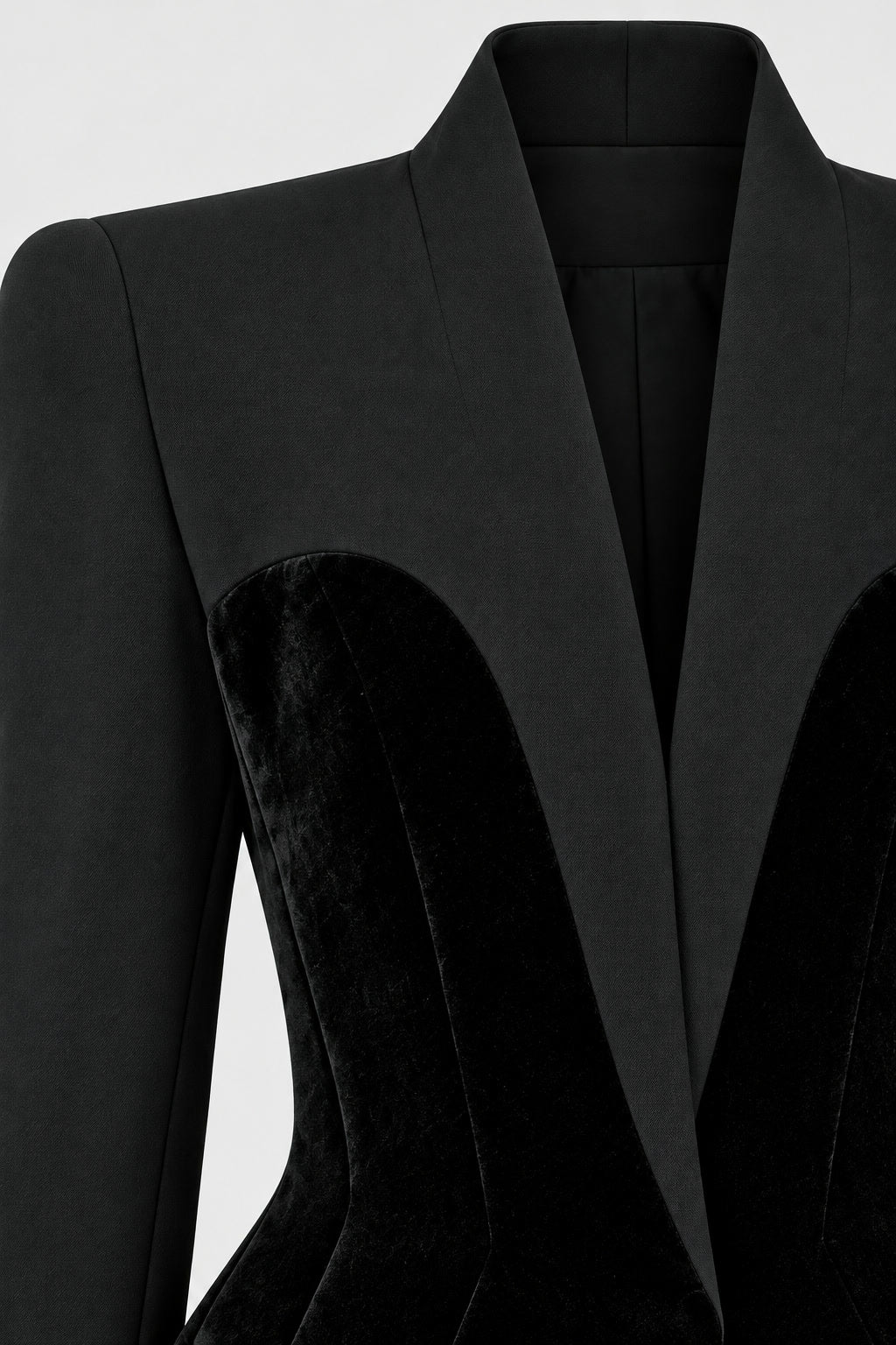 Kadife Korse Stili Paneller Detaylı Uzun Kollu Blazer — yaka ve kadife panel detayı