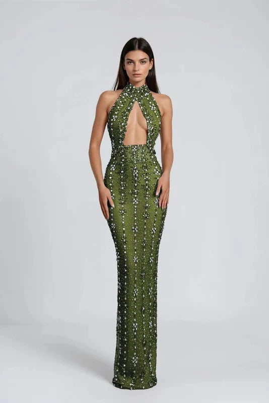 Genvyra Halter Yaka Kesimli Elmas Detaylı Premium Maxi Elbise
