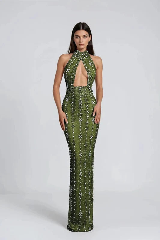 Genvyra Halter Yaka Kesimli Elmas Detaylı Premium Maxi Elbise