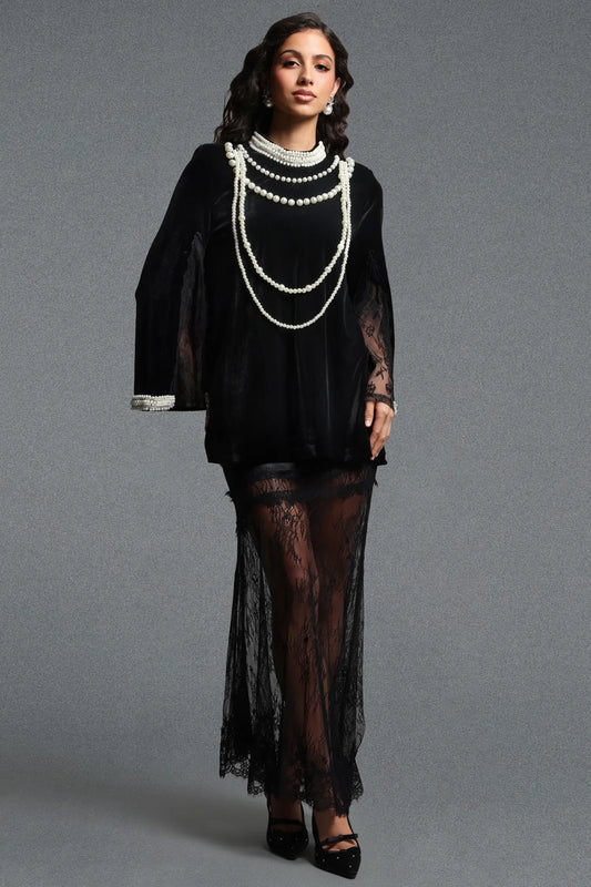 Lilya Vintage İnci Zincir Dantel Detaylı Bluz Premium Elbise