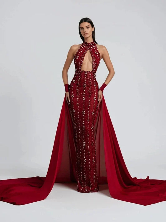 Jannea Halter Yaka Kesimli Elmas Detaylı Premium Maxi Elbise