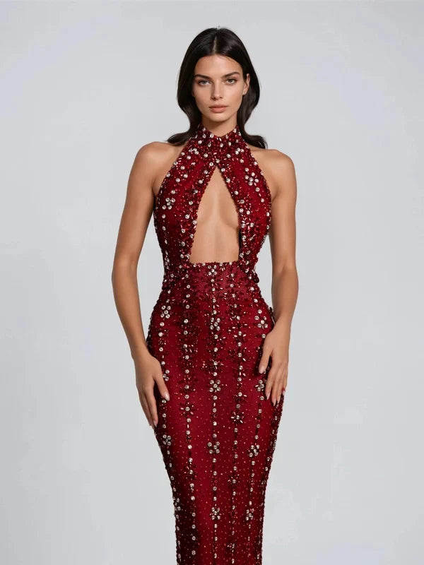 Jannea Halter Yaka Kesimli Elmas Detaylı Premium Maxi Elbise